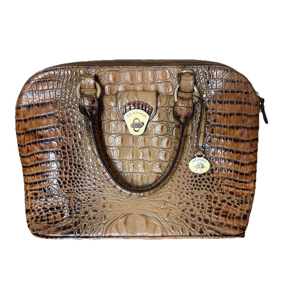 BRAHMIN Purse Brown Croc Embossed Leather Bag Tote Handbag‎ Designer Crossbody - Picture 3 of 16
